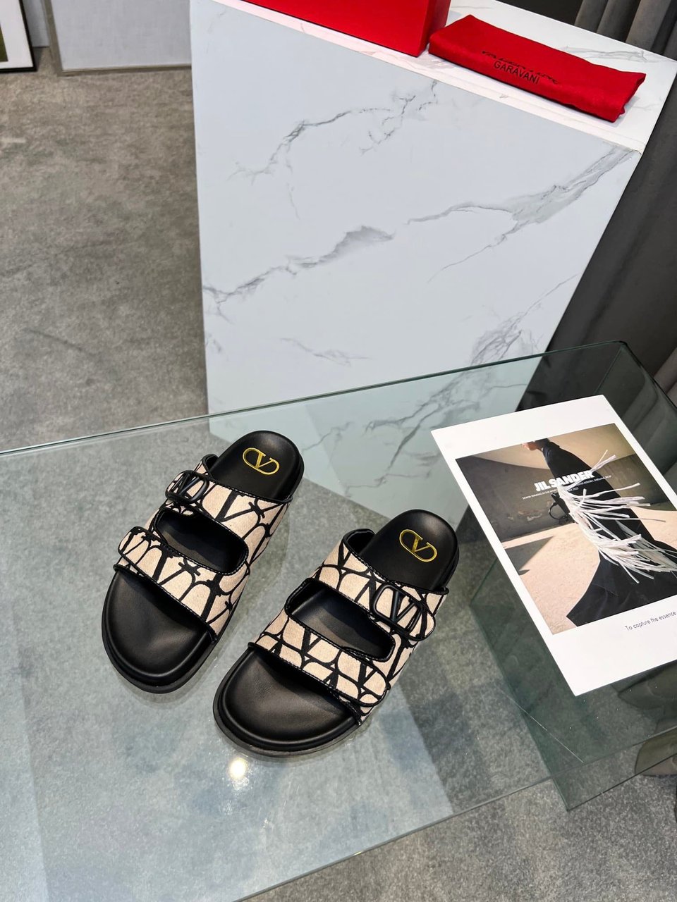 Valentino Garavani Vlogo Toile Iconographe Sandal Black Beige view 11