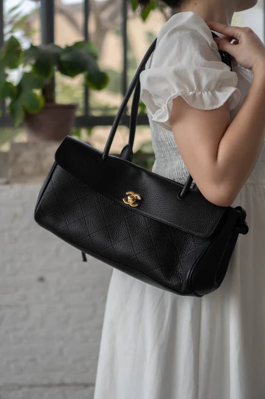 Chanel Small Shopping Bag Calfskin With Grain Effect &amp; Gold Metallic Black 32cm/12.6in AS6288 view 2