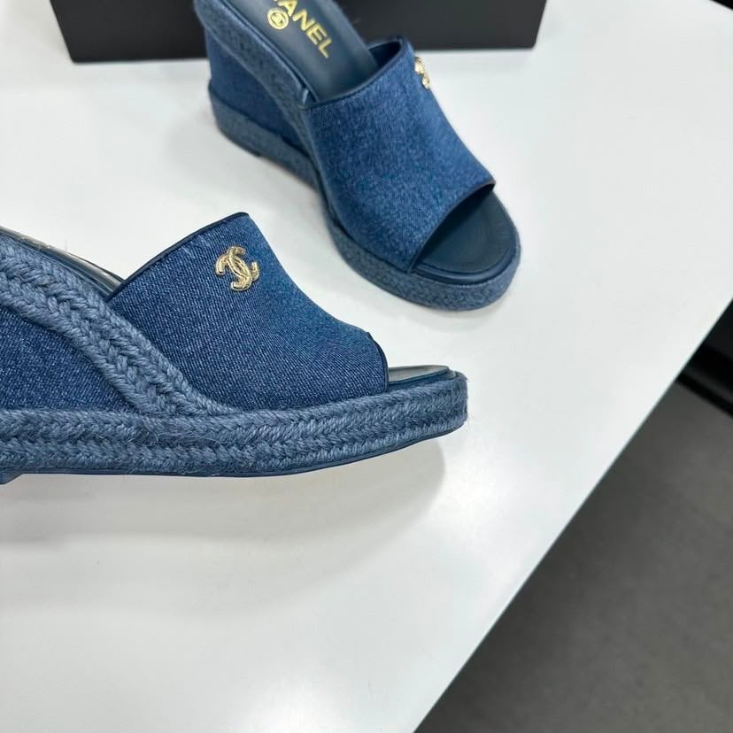Chanel Denim Wedge Slingback Sandals Blue Denim G39832 view 7