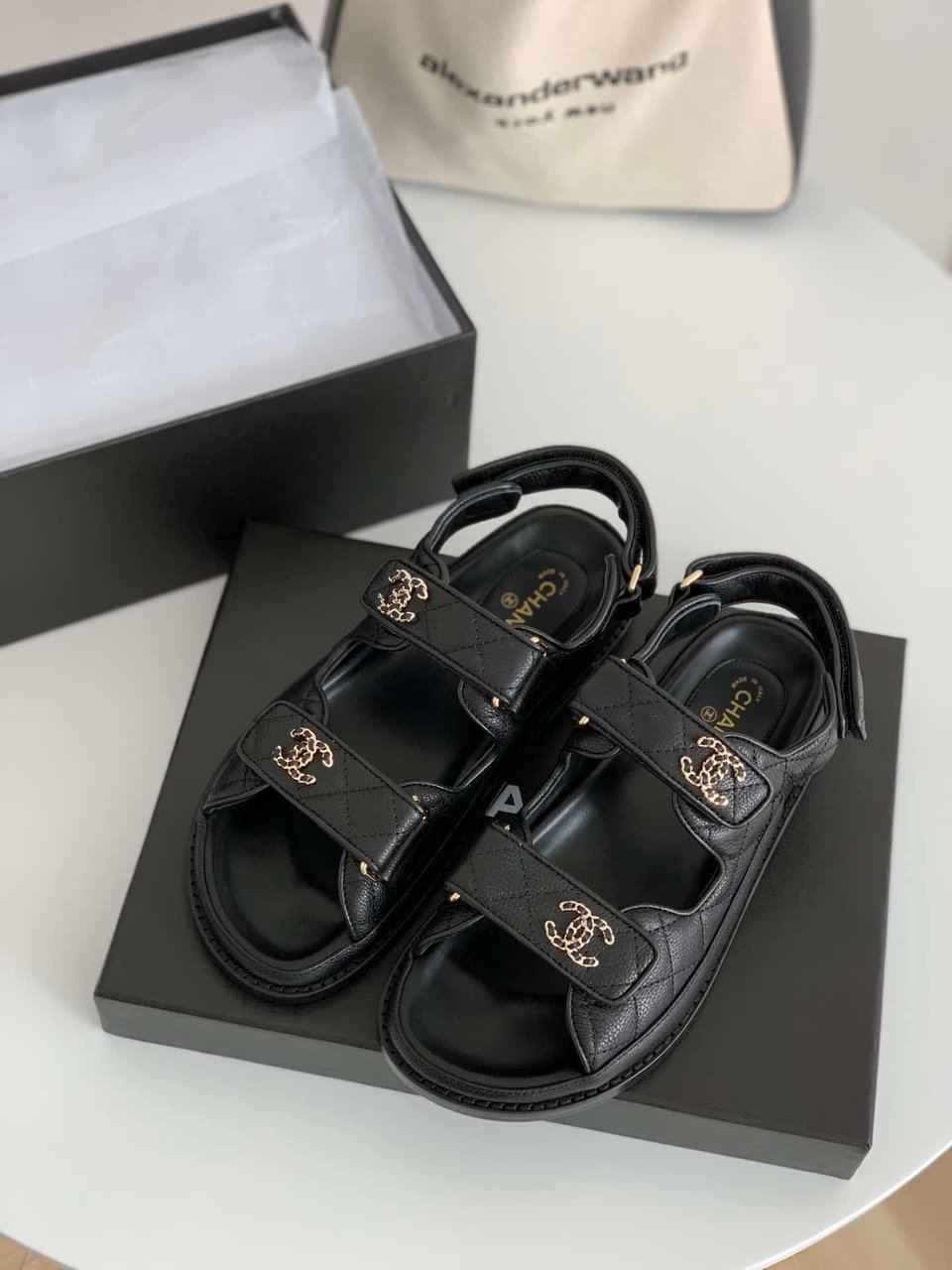 Chanel Cc Button Velcro Black Sandals Grained Calfskin Leather view 9