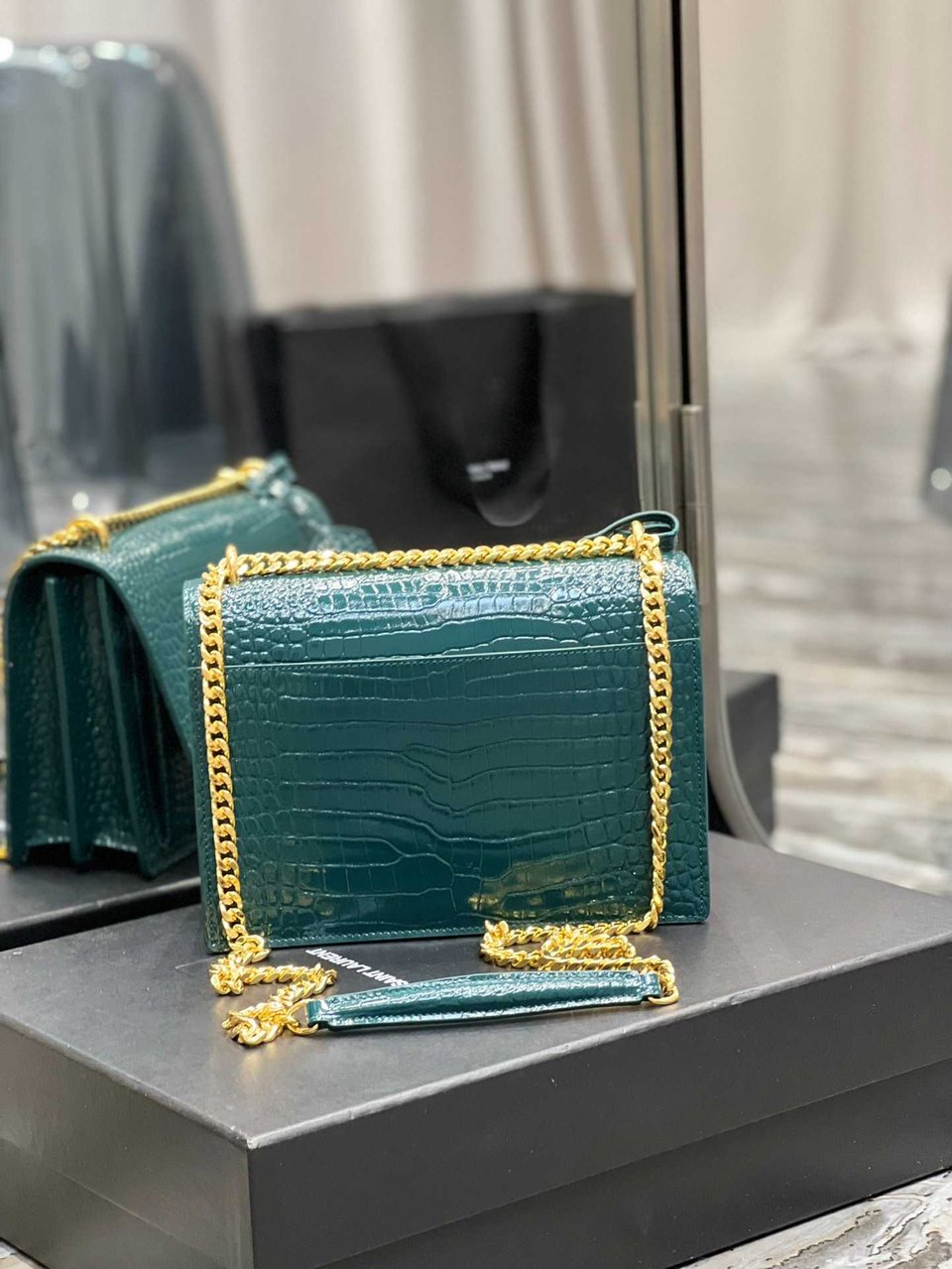 Saint Laurent Sunset Medium Chain Bag In Shiny Leather Mint view 5