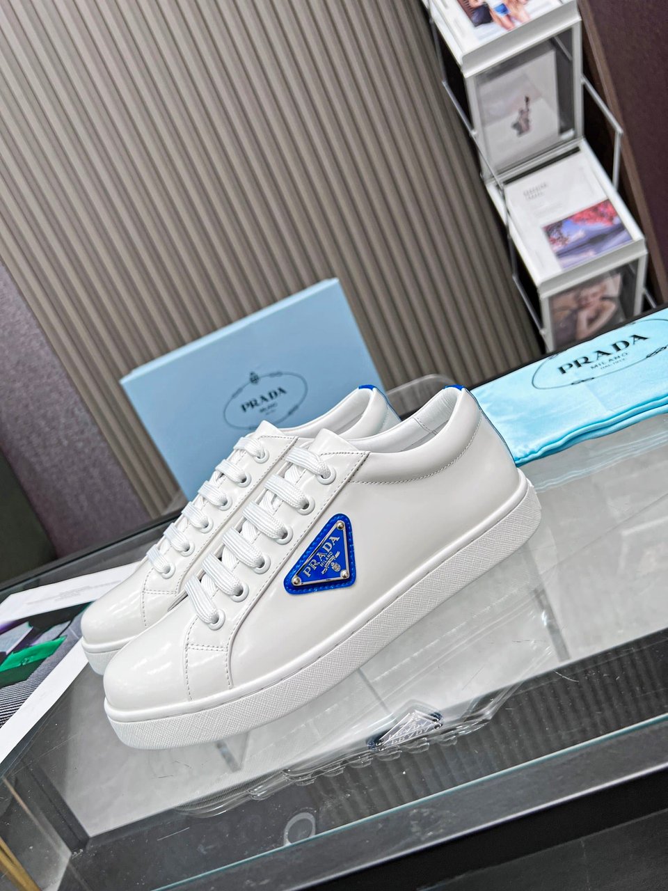 Prada Brushed Sneakers Leather White White Cobalt Blue view 4