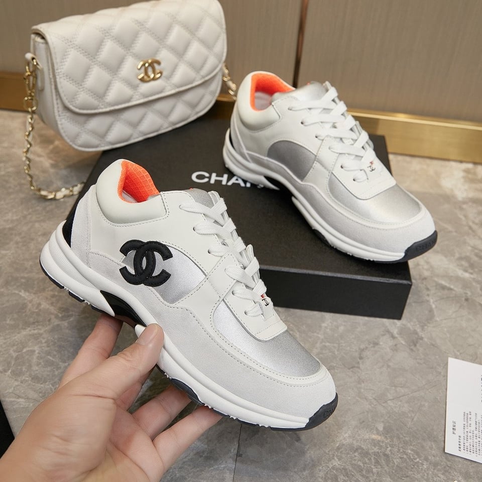 Chanel Suede And Leather Cc Low Top Sneakers White Orange view 8