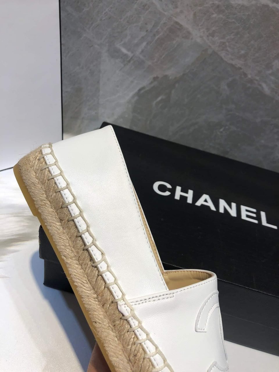 Chanel Embroidered Espadrille Leather Cap Toe Flats White view 3