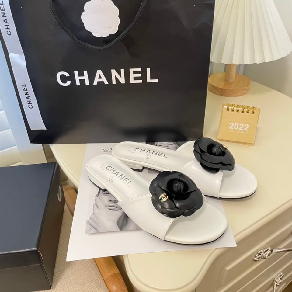 Chanel Black Camellia Slides White view 7
