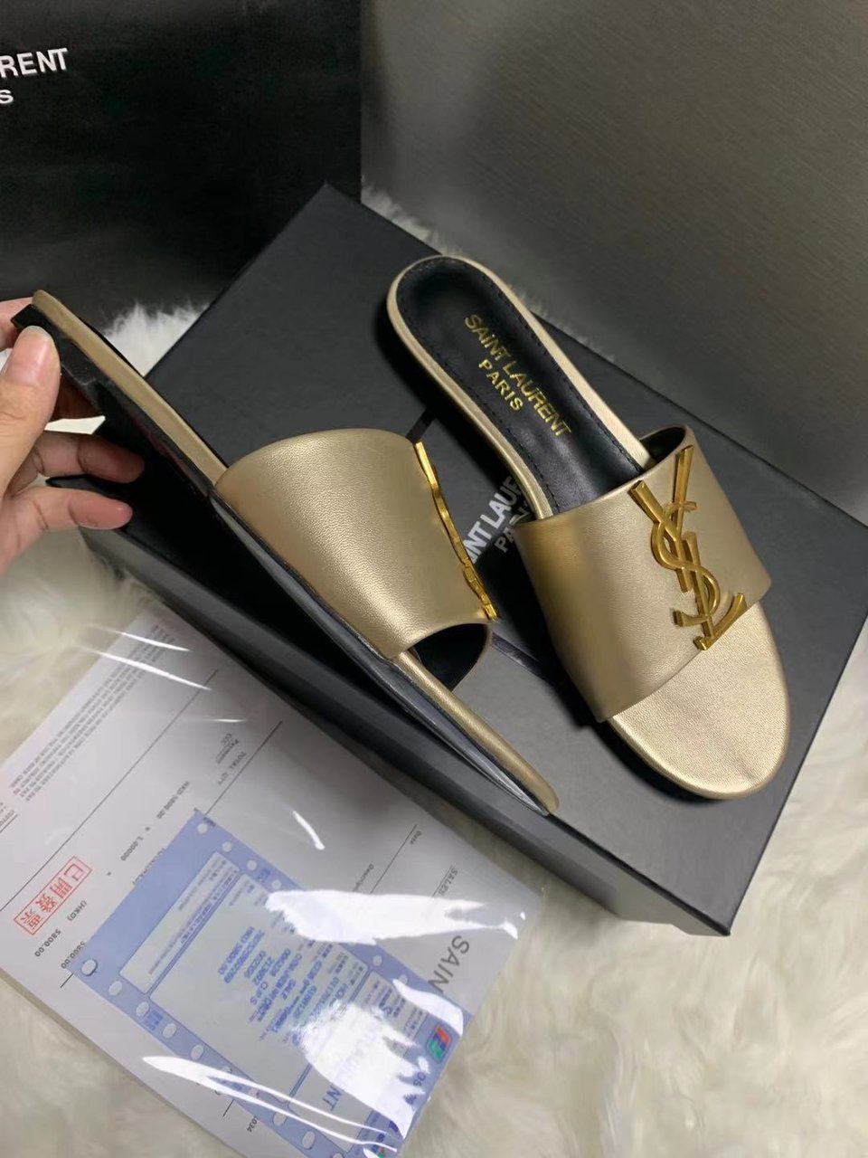 Saint Laurent Logo Slippers Metallic view 4