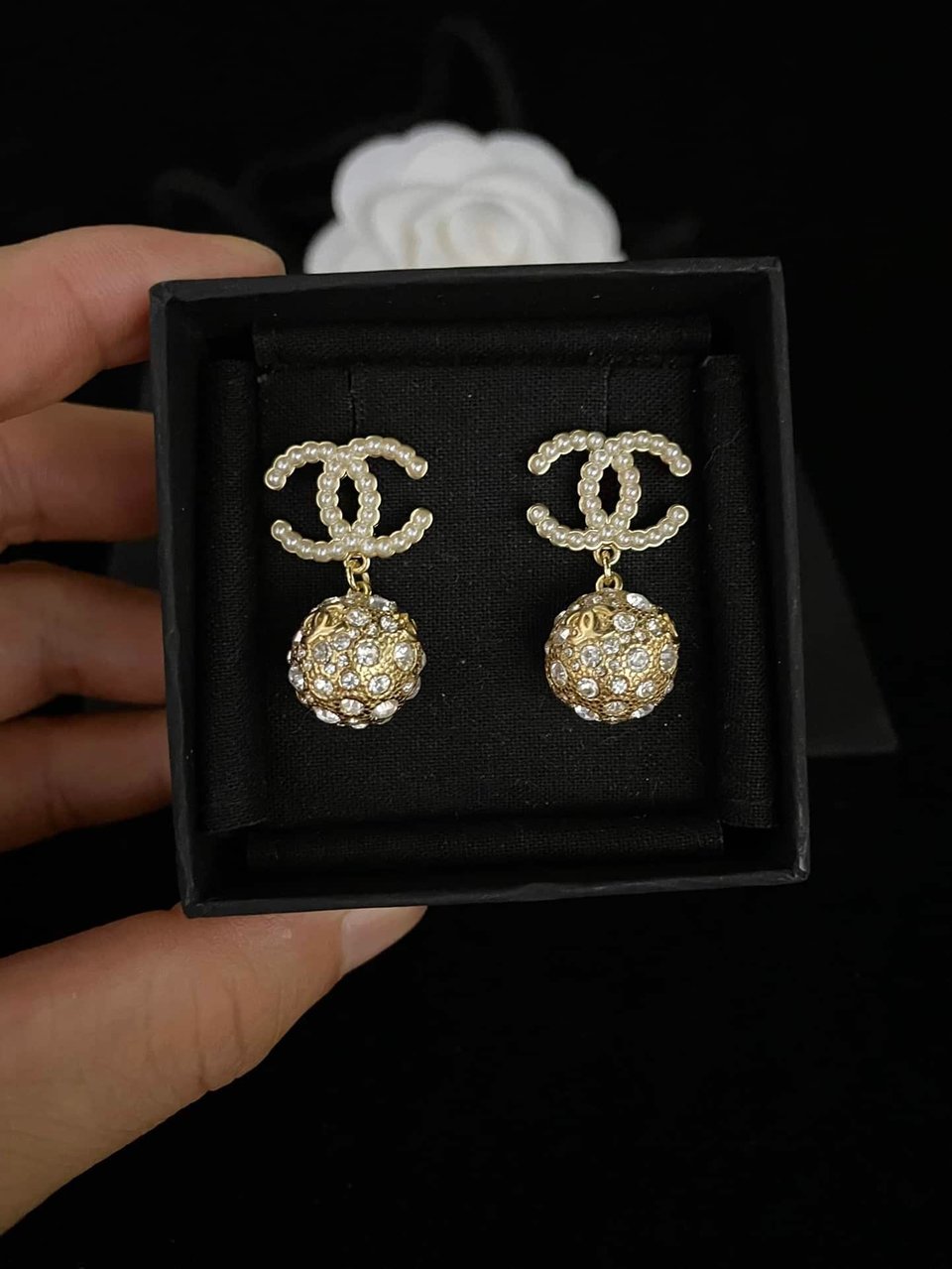 Chanel New Cc Gold Ball Crystal Pearl Drop Earrings view 7
