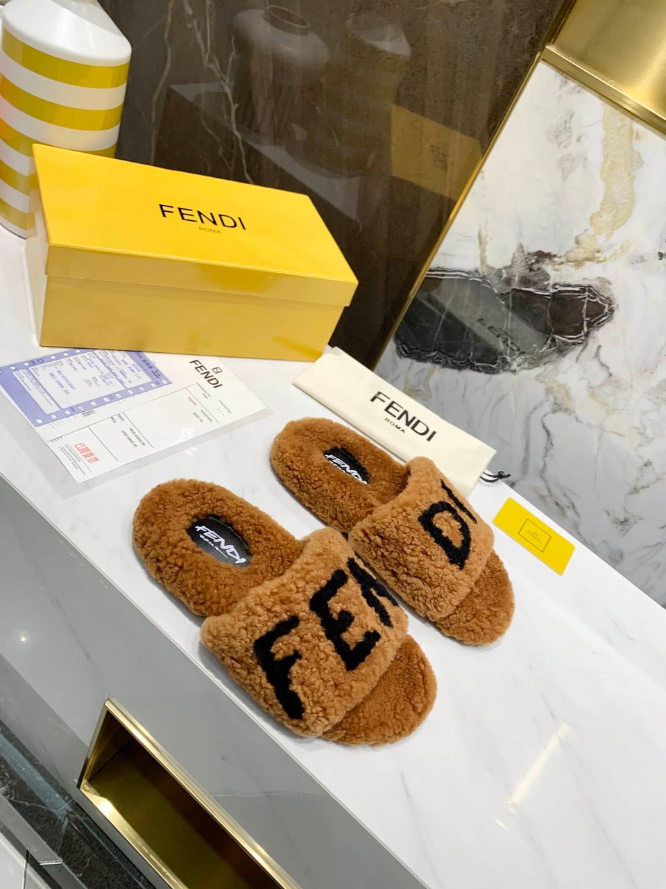 Fendi Shearling Slides Brown view 7
