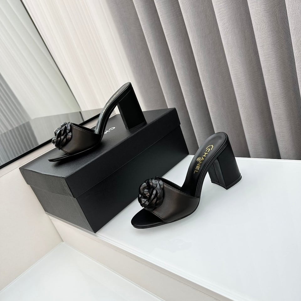 Chanel Camellia Medium Heel Slippers Black view 8