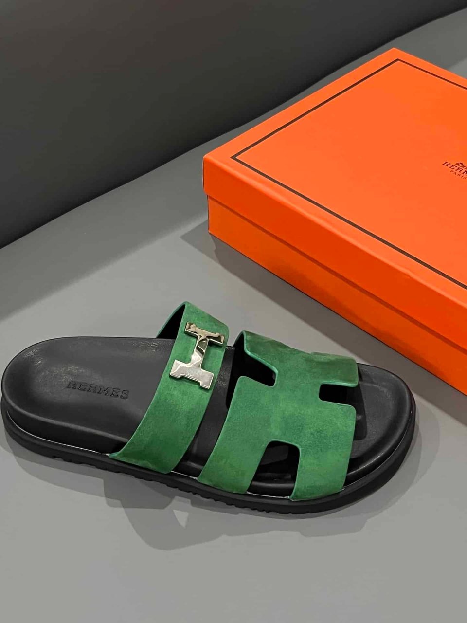 Hermes Chypre Sandal Suede H Logo Silver Hardware Green view 8