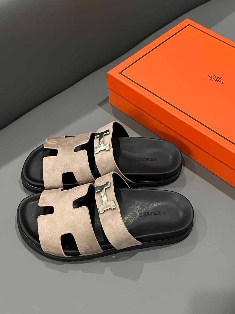 Hermes Chypre Sandal Suede H Logo Silver Hardware Light Brown view 3