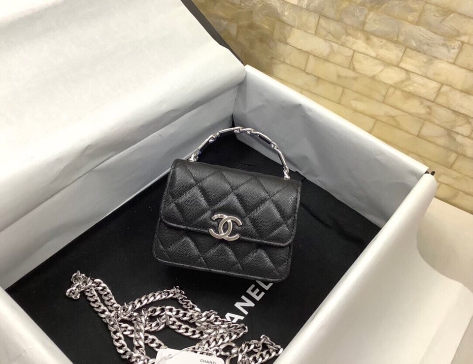 Chanel Mini Woc 13Cm With Top Handle Black Quilted Caviar Leather Silver Hardware view 9