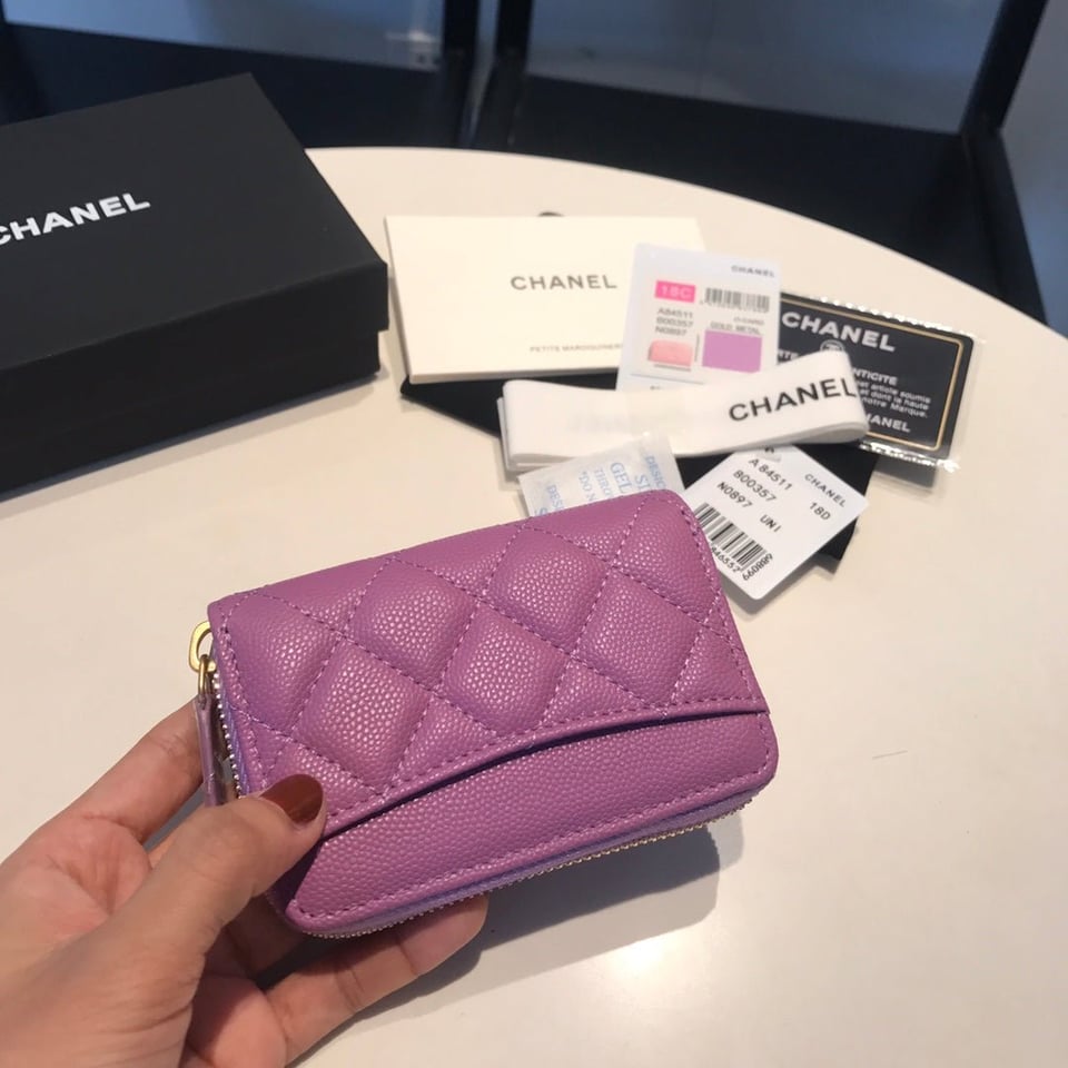 Chanel Zipped Caviar Purse 11 Purple Calfskin Gold Icon view 6