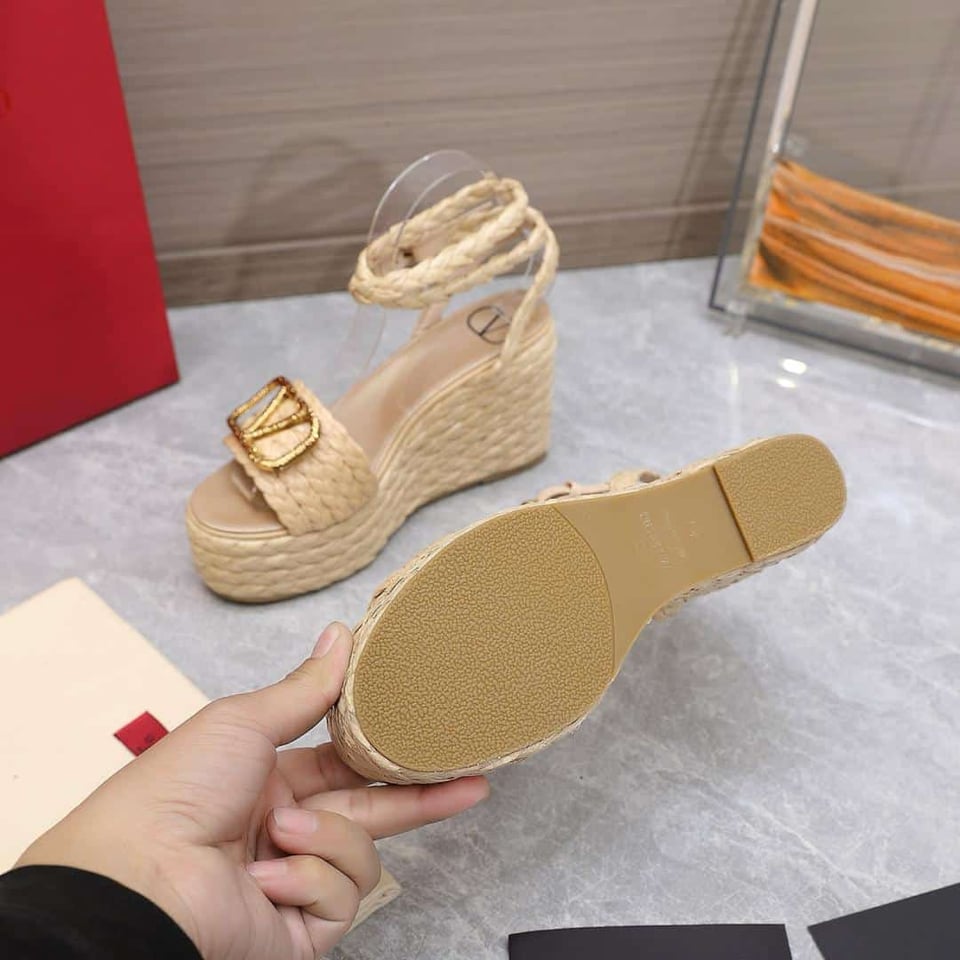 Valentino Garavani Vlogo Raffia Platform Wedge Sandals Natural view 5