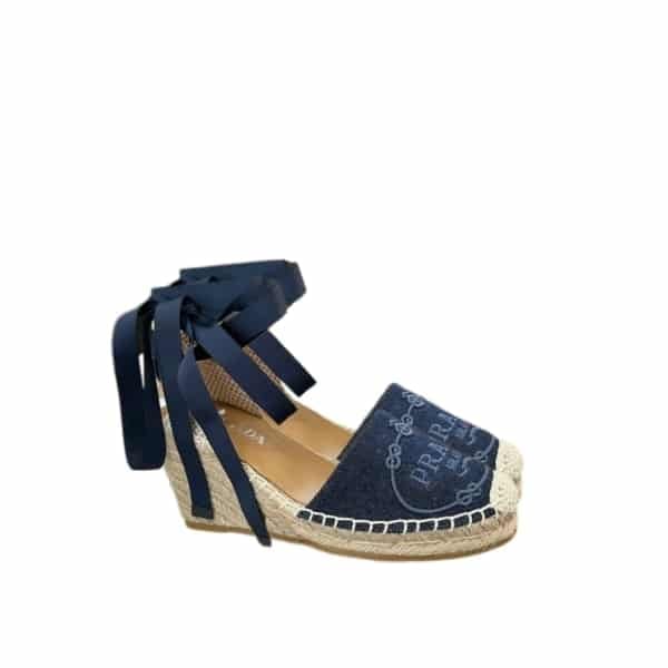 Prada Linen Espadrille Wedge Sandals Blue view 2