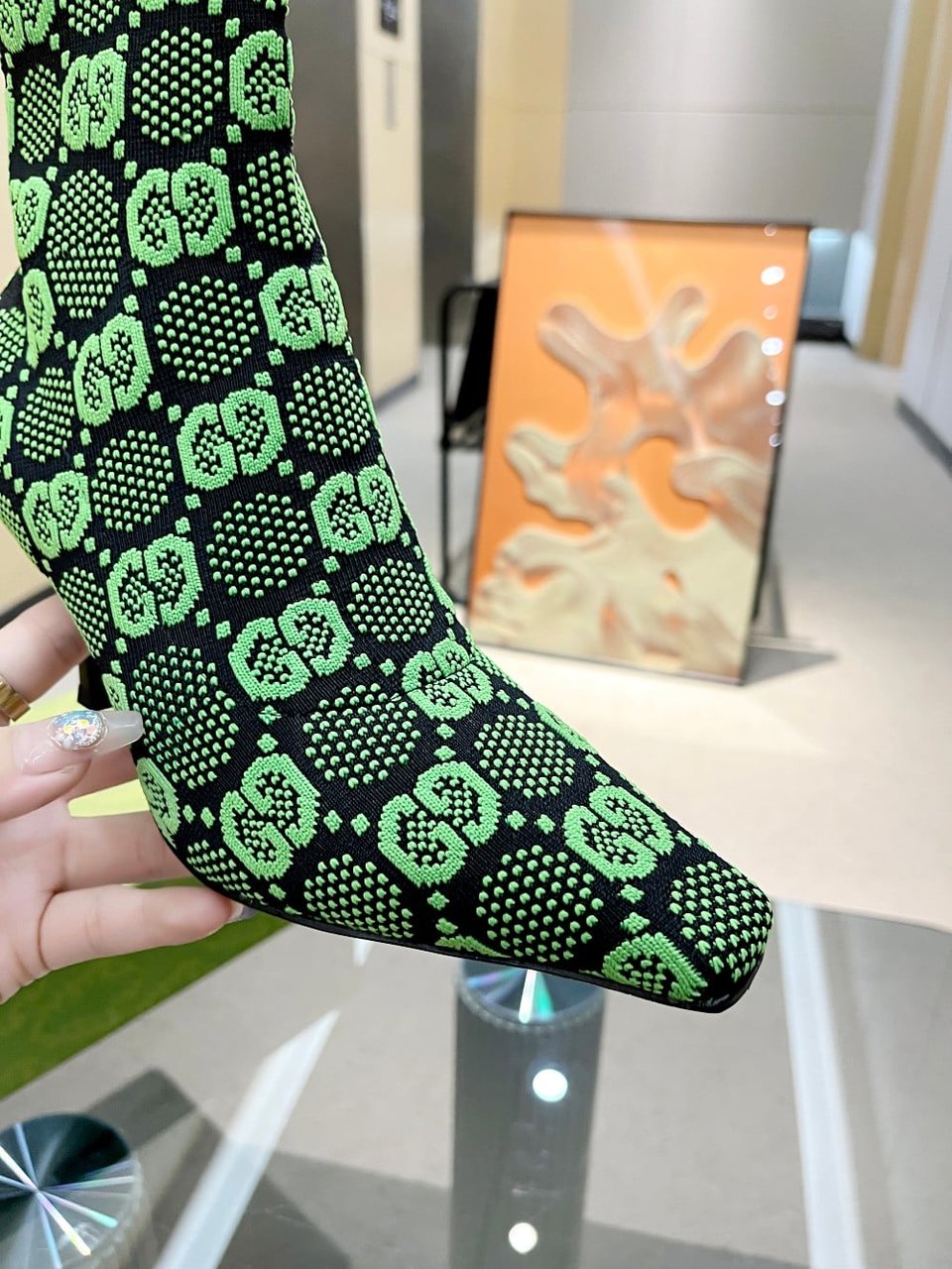 Gucci Gg 75Mm Knit Ankle Boots Black Fluorescent Green Fabric718378 Faaqp 1004 view 10