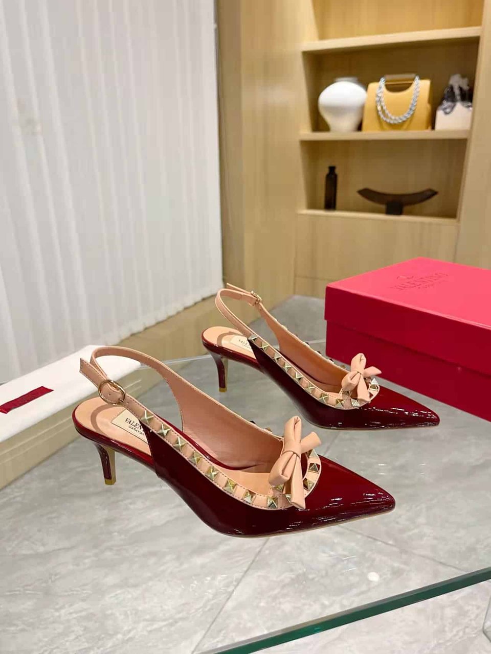 Valentino Rockstud Bow Slingback Pump In Patent Leather With Matching Studs Red view 9