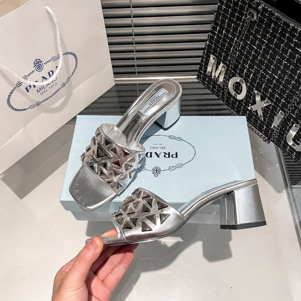 Prada Ciabatte Spazzolato Borchie Sandals Silver view 6