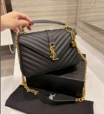 Ysl College Medium Chain In Quilted Leather Black Gold view 3