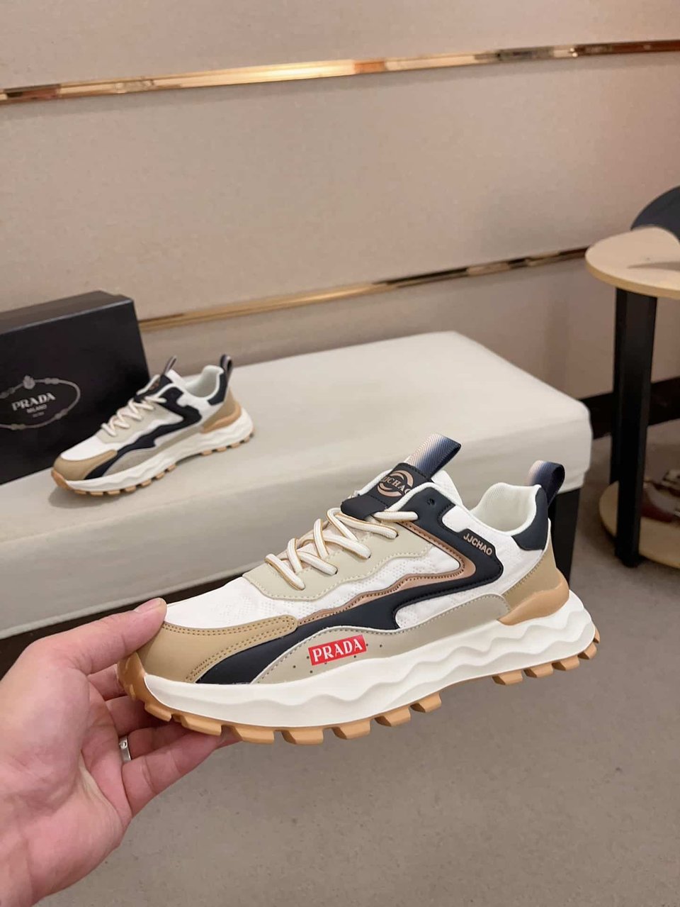 Prada Colorblock Sneakers With Logo Beige view 3