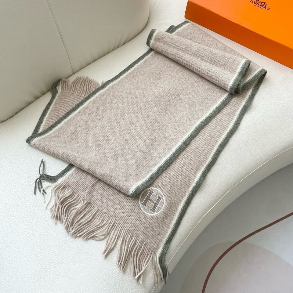 Hermes Cashmere Scarf H-Motif Beige For Women 180cm view 6