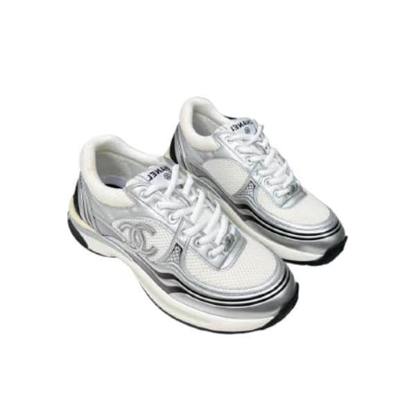 Chanel 23C Silver Metallic Cc Logo Lace Up Flat Runner Trainer Sneaker White G39792 Y56368 K5451 view 2