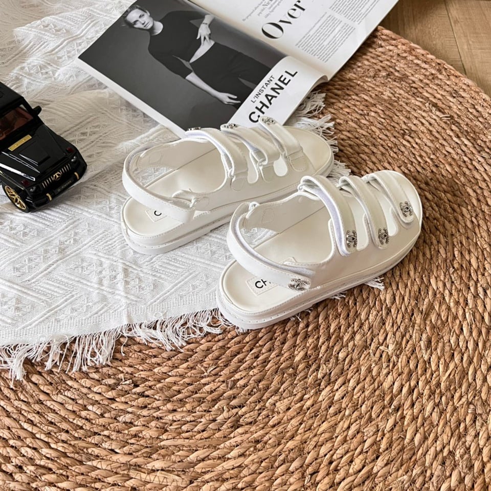 Chanel Triple Velcro Strap Sandals White G45628 view 4