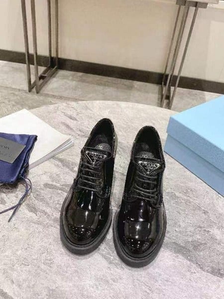 Prada Heeled Brushed Leather Lace-Ups Shiny Black view 4