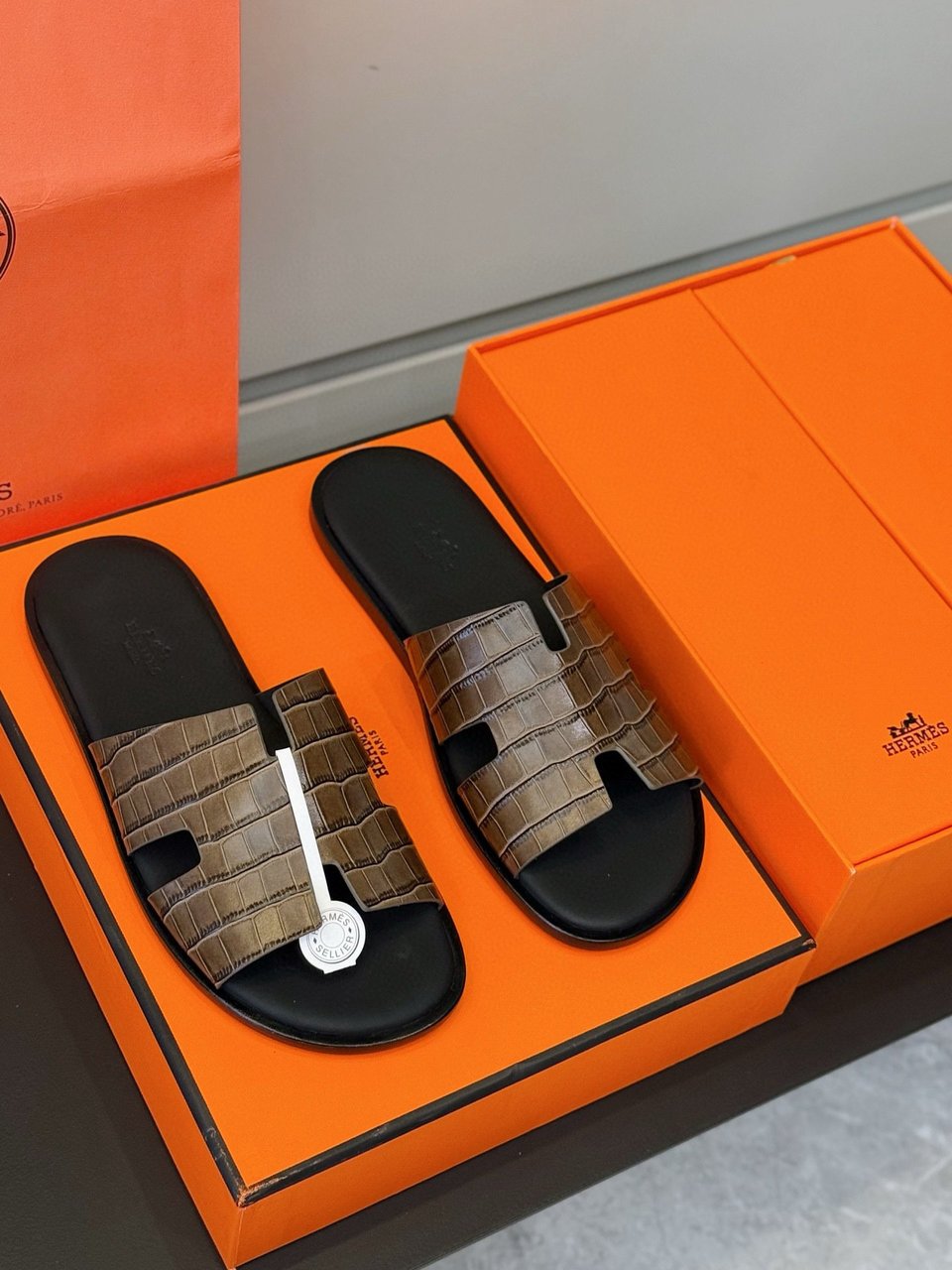 Hermès Brown Crocodile Oran Sandals- Shoes for Men view 5
