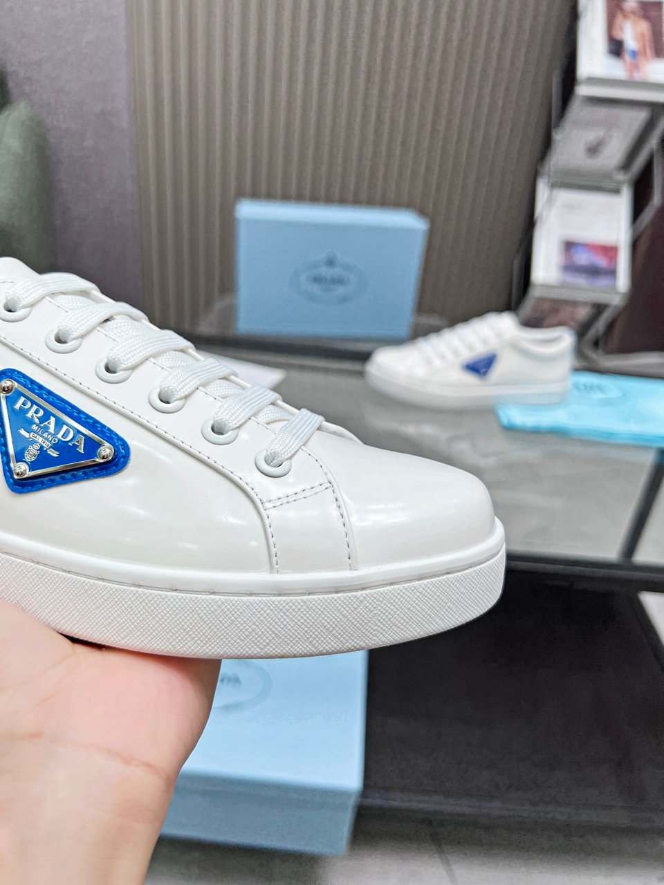 Prada Brushed Sneakers Leather White White Cobalt Blue view 7