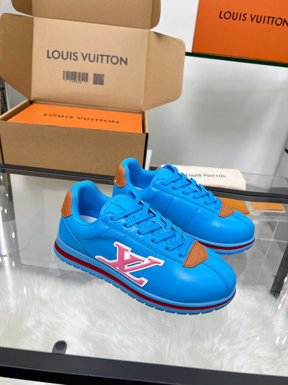 Louis Vuitton LV Trainer Sneaker Blue &amp; Pink – Red Stripe Sole – Women’s Shoes view 5