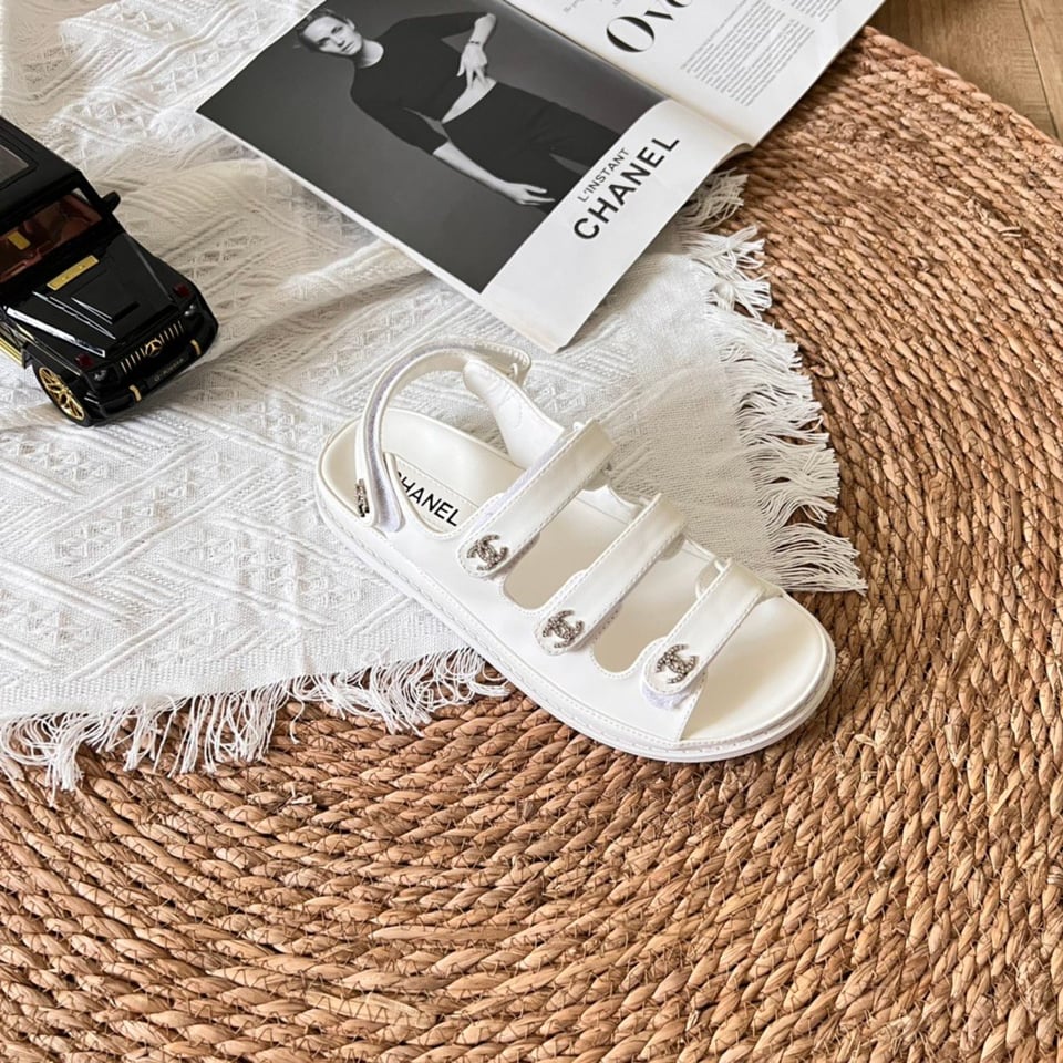 Chanel Triple Velcro Strap Sandals White G45628 view 8