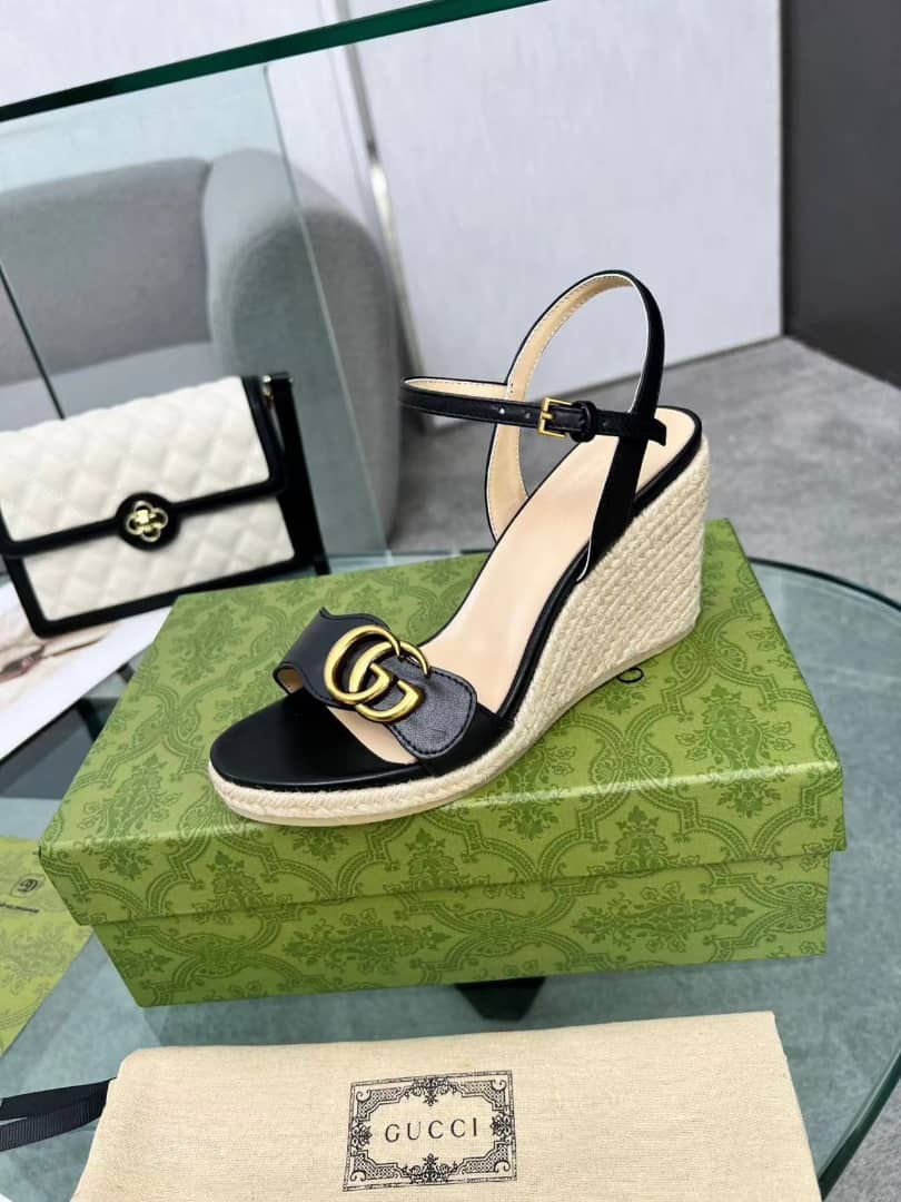 Gucci Leather Wedge Espadrille Sandals Black 8Cm view 3