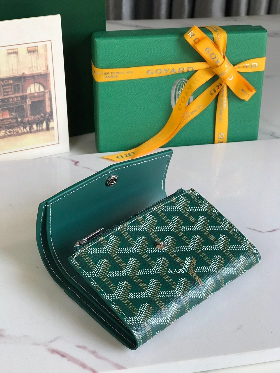 Goyard Saint-Gabriel Wallet 12 Cm Green Calfskin And Goyardine Canvas view 3