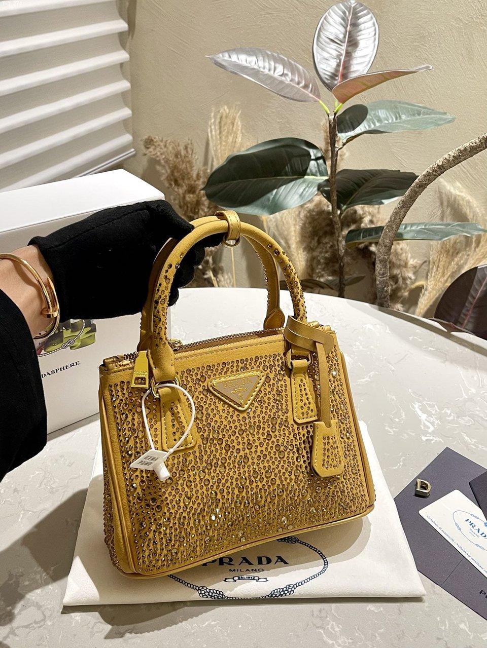 Prada Galleria Satin Mini Bag With Crystals Yellow 23Cm view 3