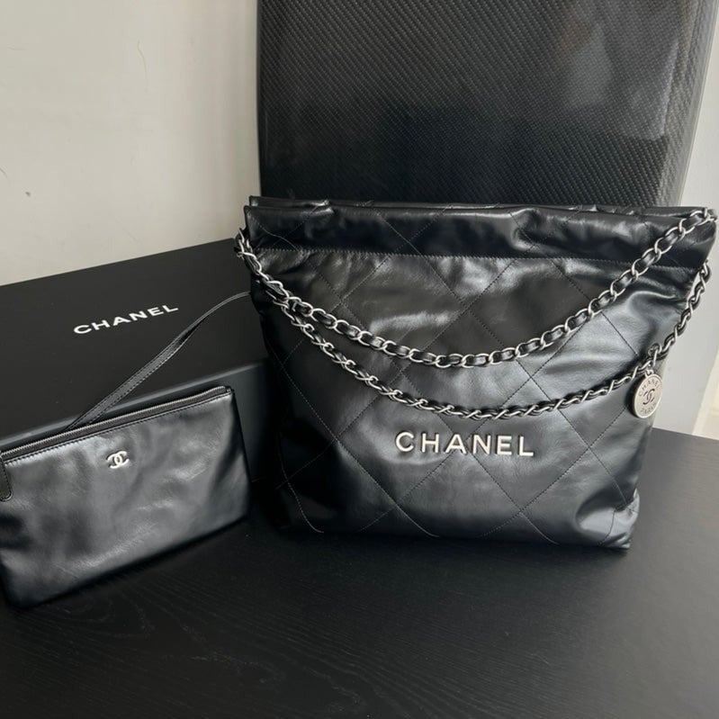 Chanel Hobo Bag 22 Black Lambskin Silver Hardware