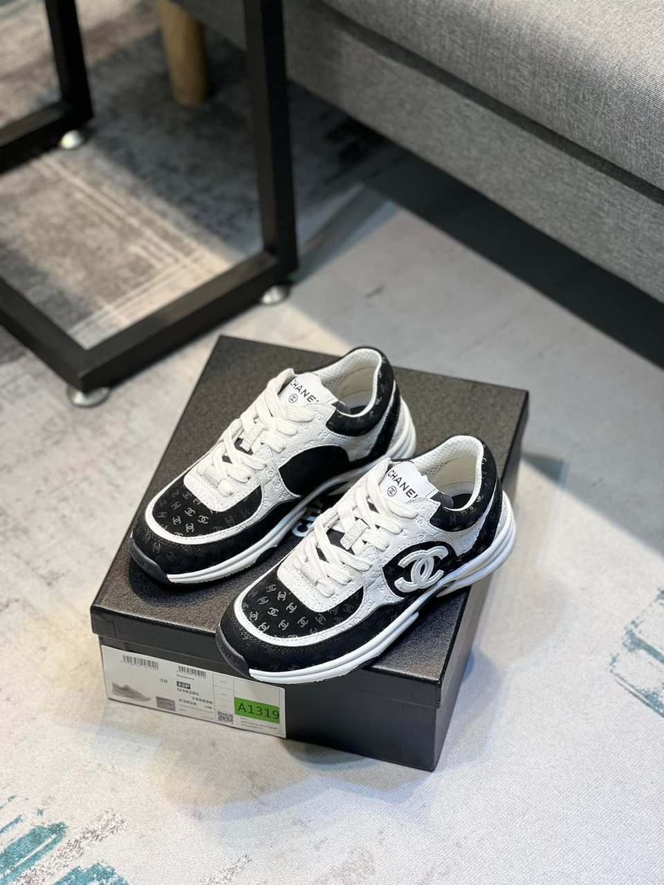 Chanel Cc Embossed Logo Suede Black White view 7
