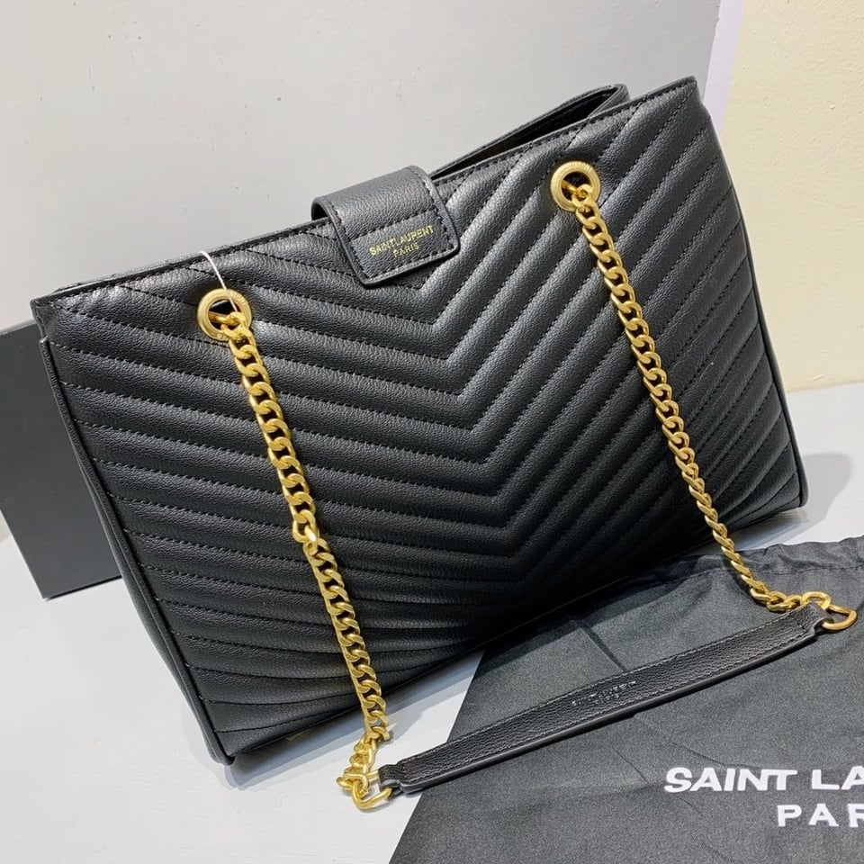 Saint Laurent Black Grain De Poudre Matelasse Chevron Monogram Shopping Bag Gold Hardware view 6