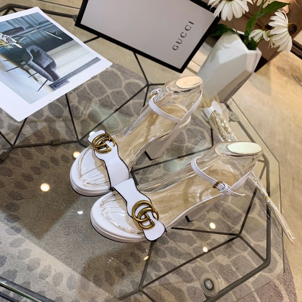 Gucci Gg Leather Heeled Sandal White view 3