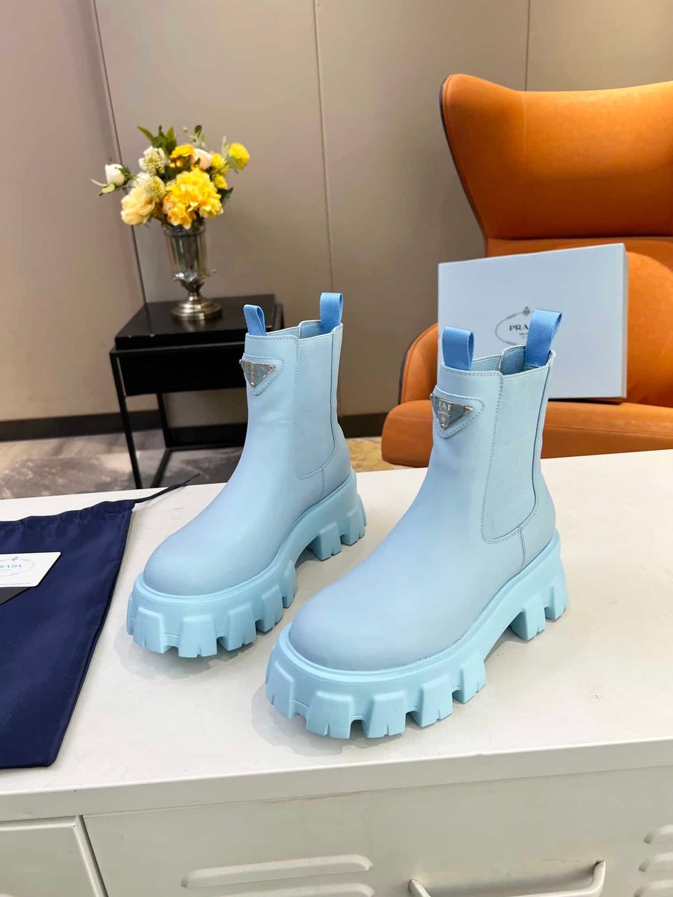 Prada Monolith Brushed Leather Booties Blue view 5