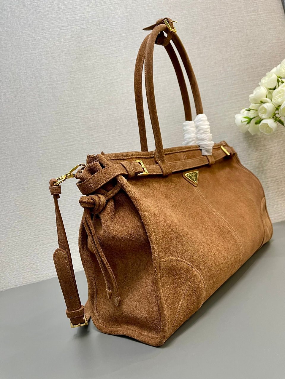 Prada Bonnie Large Suede Handbag Cocoa Brown 38cm view 5