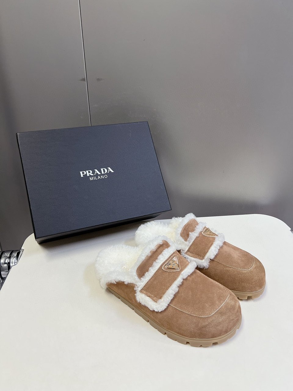 Prada Suede And Shearling Slippers Ecru 1S711M X0O F0379 F Zg20 view 3