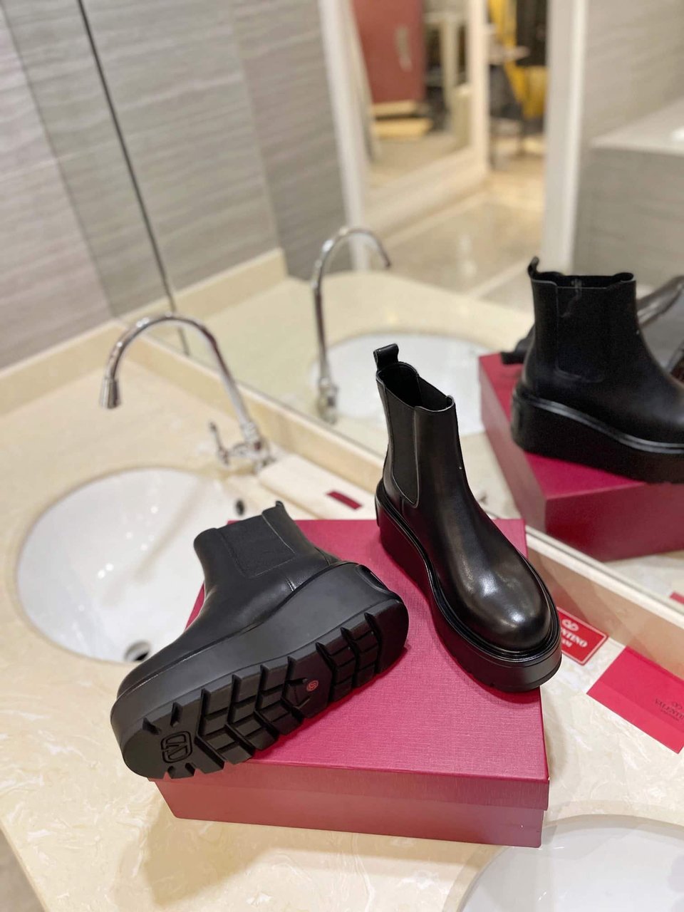 Valentino Garavani Uniqueform V Logo Leather Platform Boots Black view 7