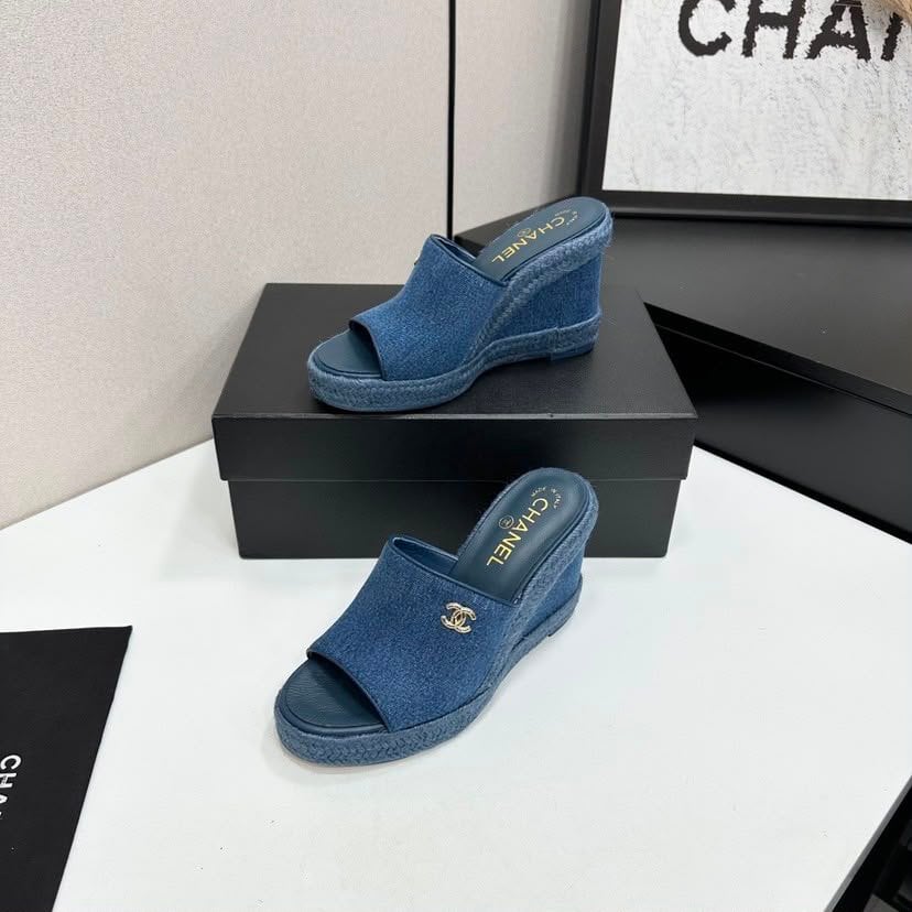 Chanel Denim Wedge Slingback Sandals Blue Denim G39832 view 9