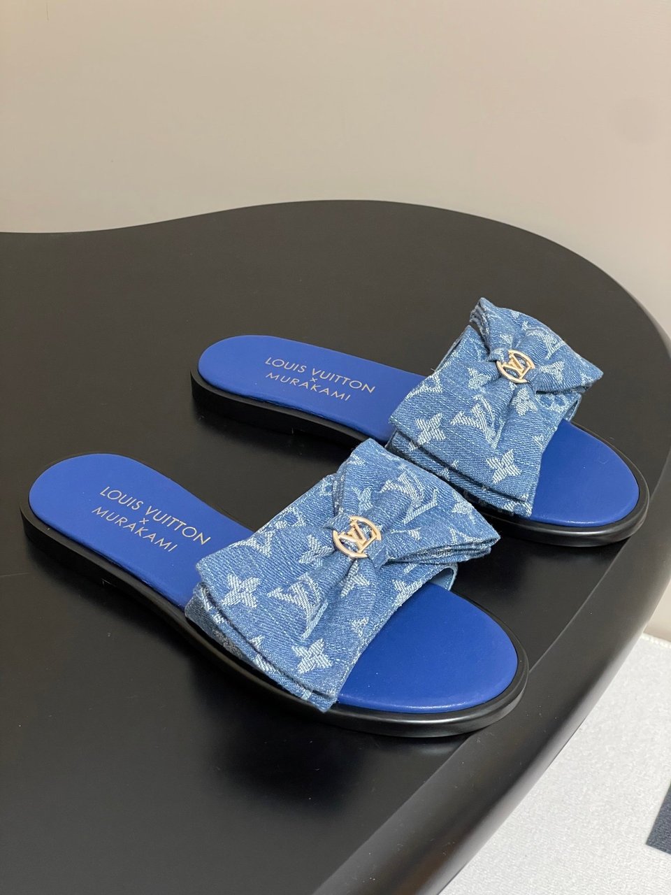 Louis Vuitton x Takashi Murakami Lily Flat Mule Bow Slide Sandals Blue Canvas 1AGVYA view 10