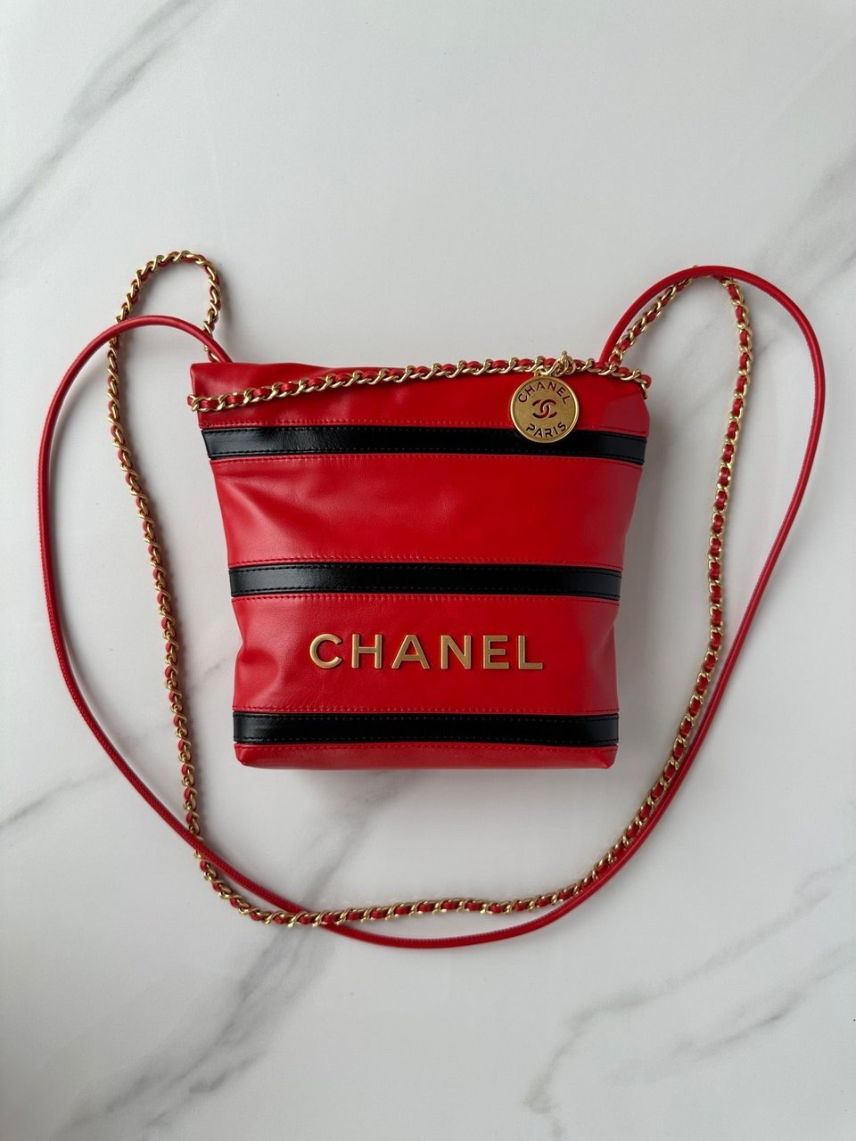 Chanel 22 Hobo Red Black Calfskin Gold Hardware view 5