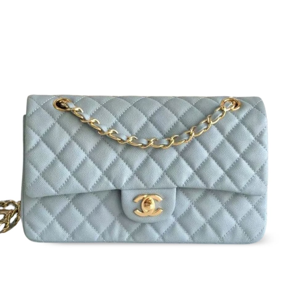 Chanel Classic Flap Bag 25 cm Light Blue Caviar Gold-Tone Hardware A01112 view 2