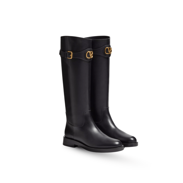 Valentino Garavani VLogo Signature Calfskin Knee Boots Black – Heel 30mm