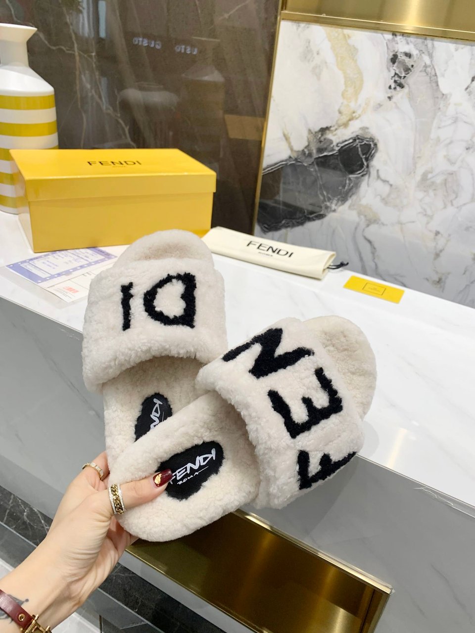 Fendi Shearling Slides White view 4