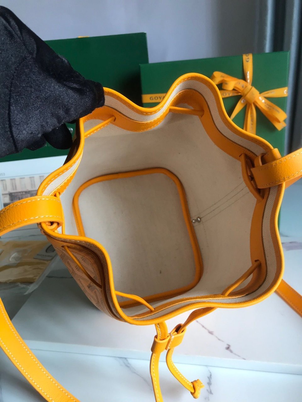 Goyard Petit Flot Bucket Bag 22 Cm Yellow Goyardine Canvas And Lambskin Trim view 8